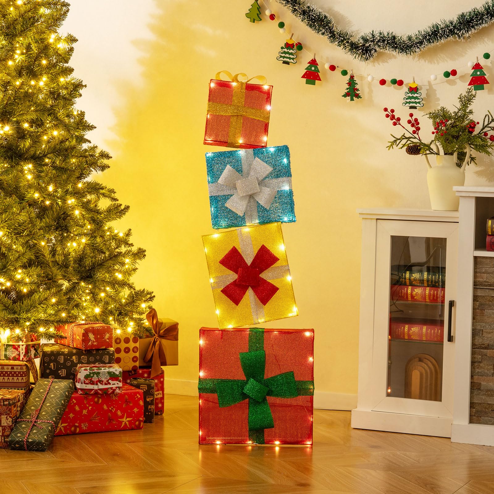 Tangkula Boîtes cadeaux empilables de 1,20 m avec lumières LED blanc chaud
